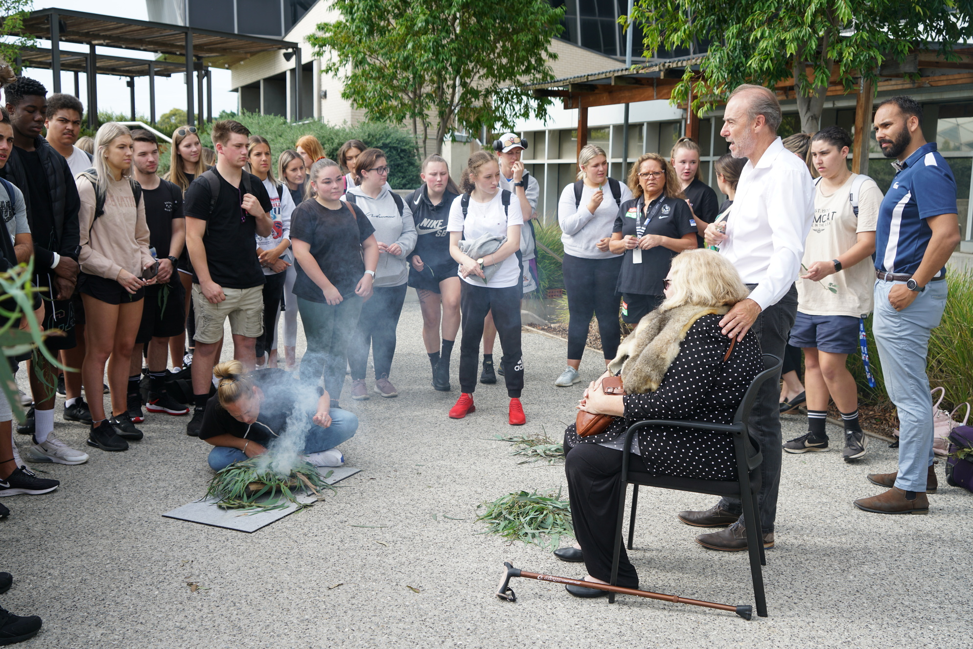 SEDA students with Aunty Di Kerr for their orientation smoking ceremony